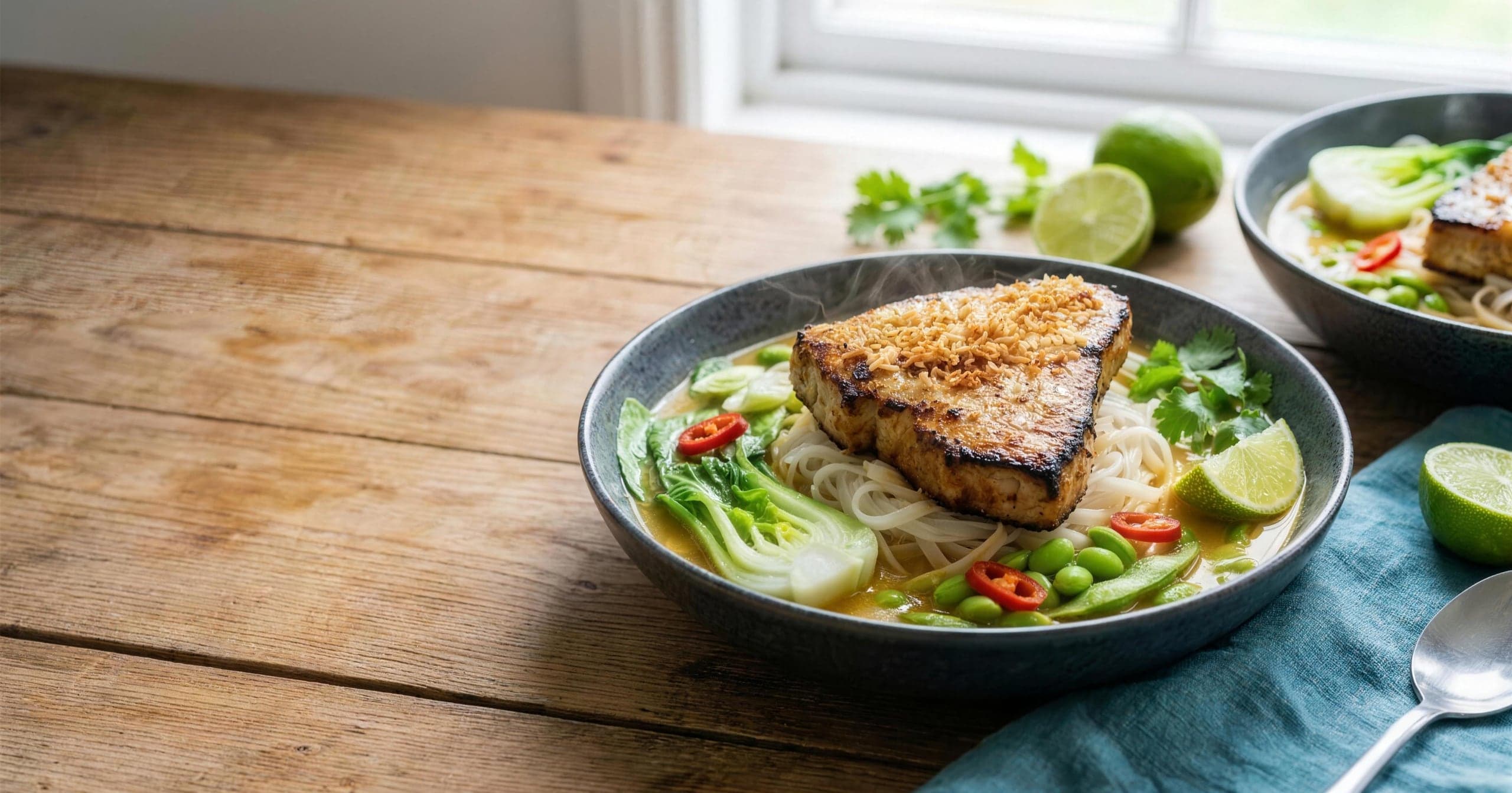A whole grilled tuna steak on rice noodles with pak choi, edamame, chilli and lime, in a bowl on a wooden table by a window
